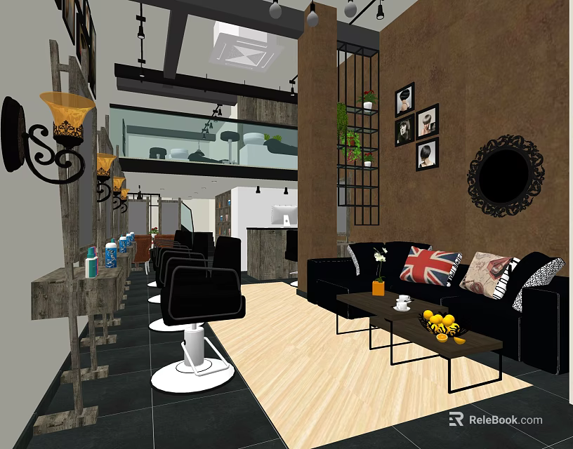 Hair And Beauty Salon Interior With Barber Chairs Sofa Cushions Wooden Floor And Wall Decor 3d model 
