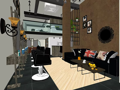 Hair And Beauty Salon Interior With Barber Chairs Sofa Cushions Wooden Floor And Wall Decor 3d model