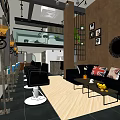 Hair And Beauty Salon Interior With Barber Chairs Sofa Cushions Wooden Floor And Wall Decor