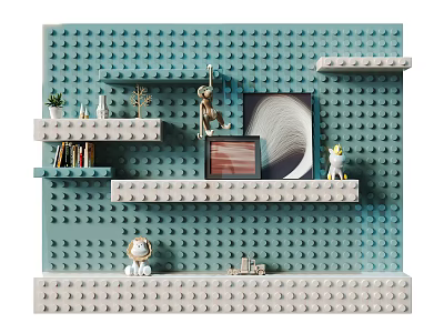 Blue Wall With Wall Mounted Shelves And Decorative Books Plants Items 3d model