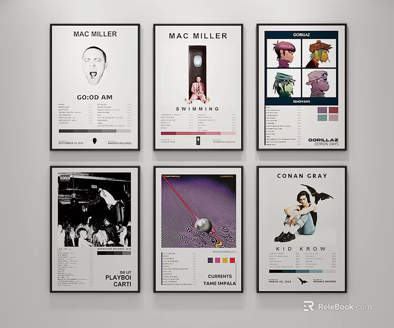 Mac Miller Music Posters Collection With Various Album Art And Designs On Wall 3d model 