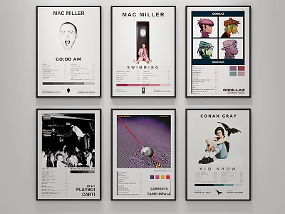 Mac Miller Music Posters Collection With Various Album Art And Designs On Wall 3d model