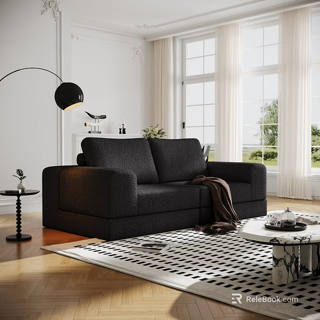 Black Two Seater Sofa In Living Room With Floor Lamp Geometric Rug And Coffee Table 3d model 