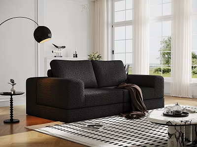 Black Two Seater Sofa In Living Room With Floor Lamp Geometric Rug And Coffee Table 3d model