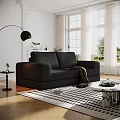 Black Two Seater Sofa In Living Room With Floor Lamp Geometric Rug And Coffee Table