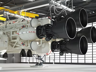 Rocket Engine Installation With Multiple Nozzles And Metal Frames In Workshop 3d model