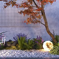 Garden Ornament Featuring Red Maple Tree Gray Perforated Wall Pebbles Purple Flowers Glowing Sphere and Ferns