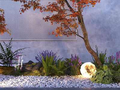 Garden Ornament Featuring Red Maple Tree Gray Perforated Wall Pebbles Purple Flowers Glowing Sphere and Ferns 3d model