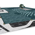 Scenic Fountain Landscape Design With Water Pool Pine Tree Curved Pathway And Stones
