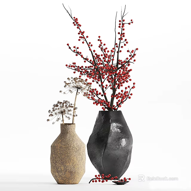 Textured Light Brown And Black Irregular Vases With Red Berry Branches And White Dried Flowers 3d model 