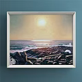 Landscape Painting With Snow Capped Mountains Serene Lake And Violet Yellow Sunset Sky