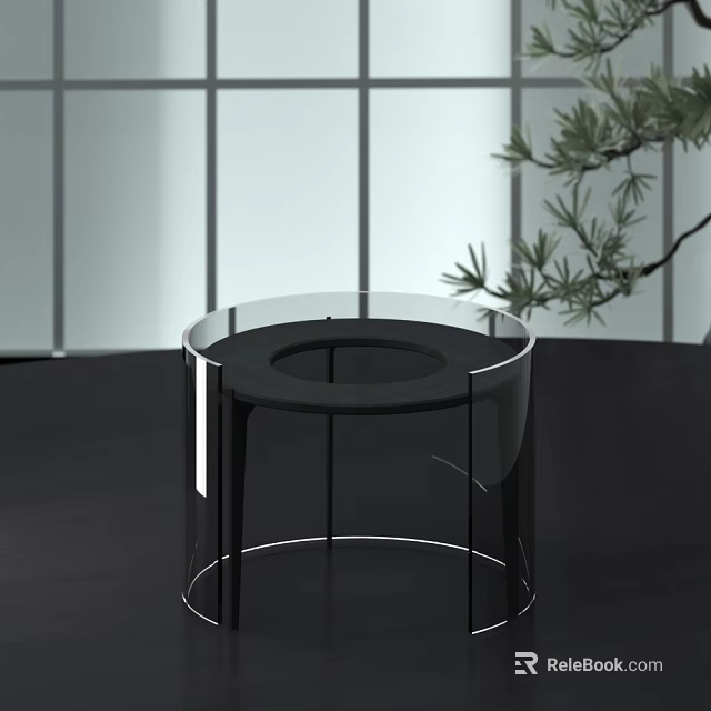 Minimalist Acrylic Circular Ornament Decor Set With Black Base Green Plant And Gray Striped Wall 3d model 