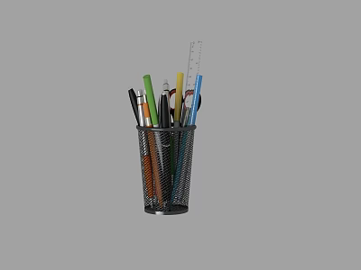 Assorted Stationery Supplies in Metal Mesh Pen Holder with Gray Background 3d model