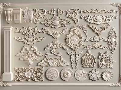 Ornate Decorative Carvings Collection With Floral Patterns Circular Motifs And Column Details 3d model