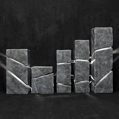 Stacked Gray Stone And Wood Blocks In Various Shapes Sizes With Dark Background 3d model