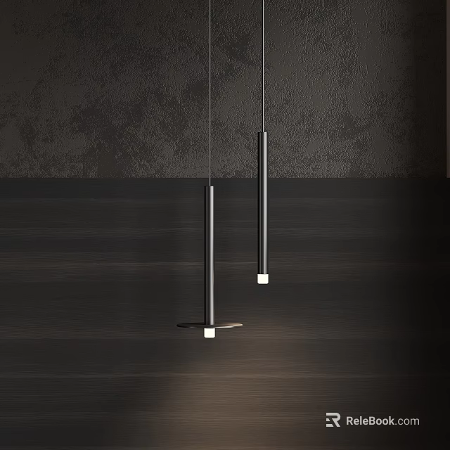 Modern Slim Pendant Lights Hanging Over Dark Textured Wall And Wooden Surface 3d model 