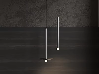 Modern Slim Pendant Lights Hanging Over Dark Textured Wall And Wooden Surface 3d model