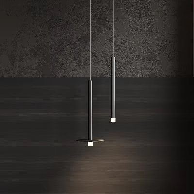 Modern Slim Pendant Lights Hanging Over Dark Textured Wall And Wooden Surface 3d model