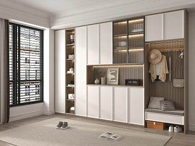 Modern Minimalist White Shoe Cabinet With Shoe Bench Clothing Rack And Decorative Lighting 3d model