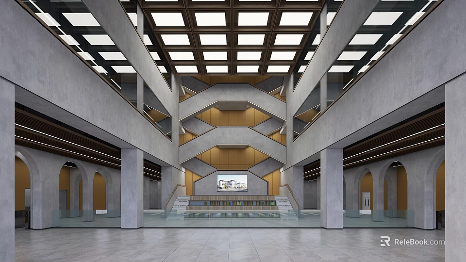 Spacious School Hall Interior With High Ceiling Skylights Multi Level Structure And Natural Light 3d model