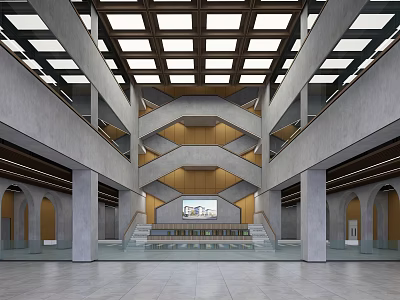 Spacious School Hall Interior With High Ceiling Skylights Multi Level Structure And Natural Light 3d model