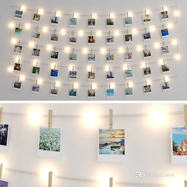 Creative Photo Wall Decor With String Lights Clothespins And Various 3d model 