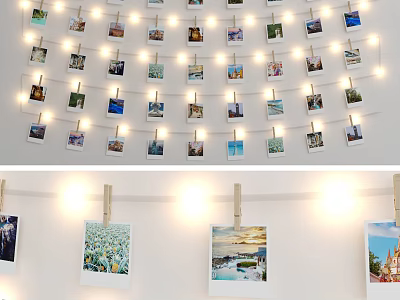 Creative Photo Wall Decor With String Lights Clothespins And Various 3d model