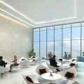 Modern Lounge Area With Large Windows Sky White Tables Chairs City Mural And Green Plants
