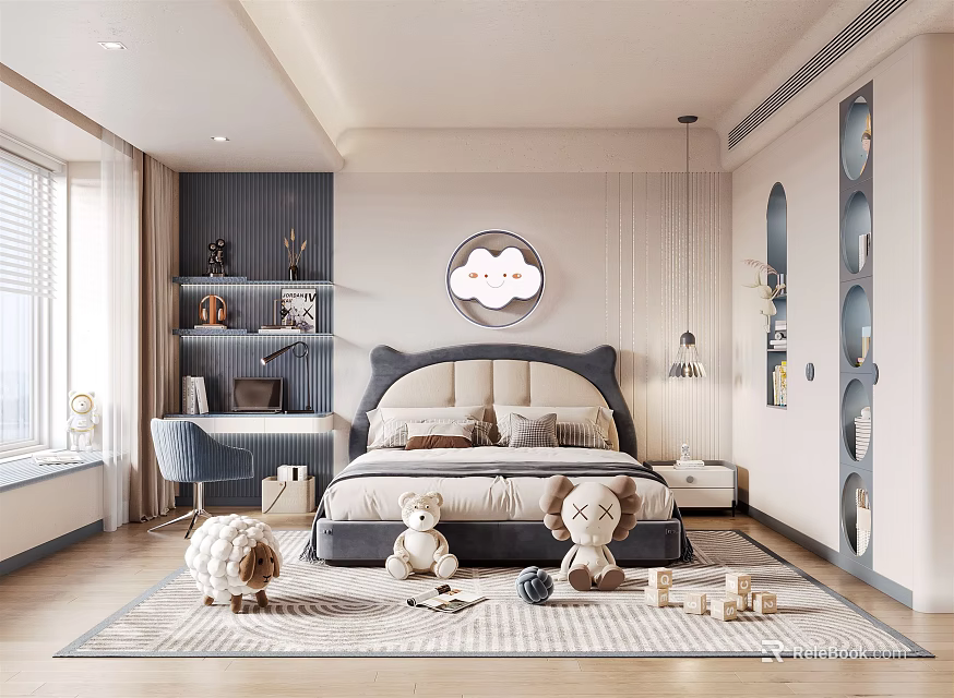 Cozy Sunlit Kids Bedroom With Upholstered Bed Stuffed Toys Bookshelf And Playful Rug 3d model 
