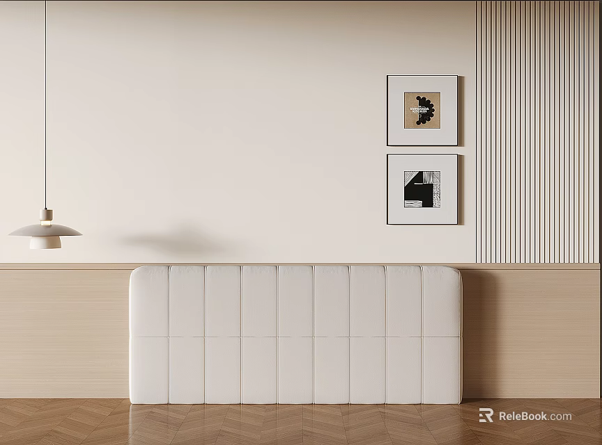 Bed in Background with White Padded Headboard Beige Wall Two Framed Paintings and Wooden Floor 3d model 