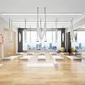 Yoga Fitness Studio With Wooden Floor White Mats Aerial Swings City View And Colored Balls