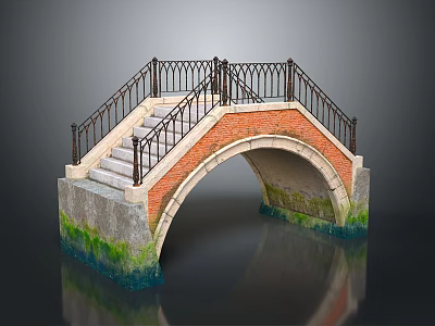 Red Brick Arch Bridge With Black Iron Railings Stone Steps Mossy Base And Water Reflection 3d model
