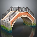 Red Brick Arch Bridge With Black Iron Railings Stone Steps Mossy Base And Water Reflection