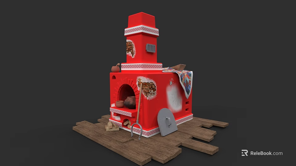 Red Decorative Fireplace with Shovel Firewood and Hanging Blanket on Wooden Base 3d model 