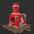 Red Decorative Fireplace with Shovel Firewood and Hanging Blanket on Wooden Base