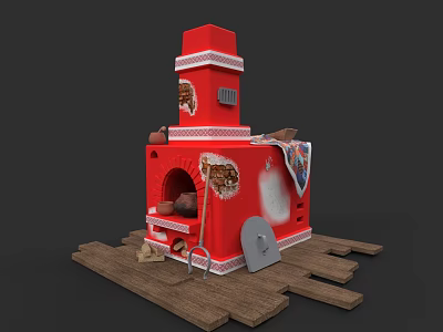 Red Decorative Fireplace with Shovel Firewood and Hanging Blanket on Wooden Base 3d model
