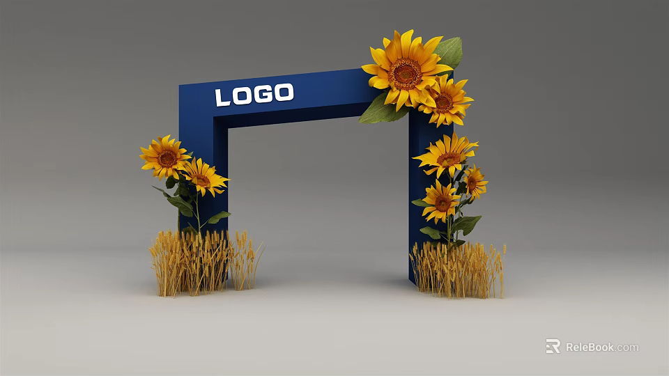 Blue Archway With LOGO Decorated By Sunflowers And Wheat Stalks 3d model 