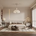 Elegant Modern Bedroom Interior With Beige King Bed Chandelier Rug And Wooden Floor