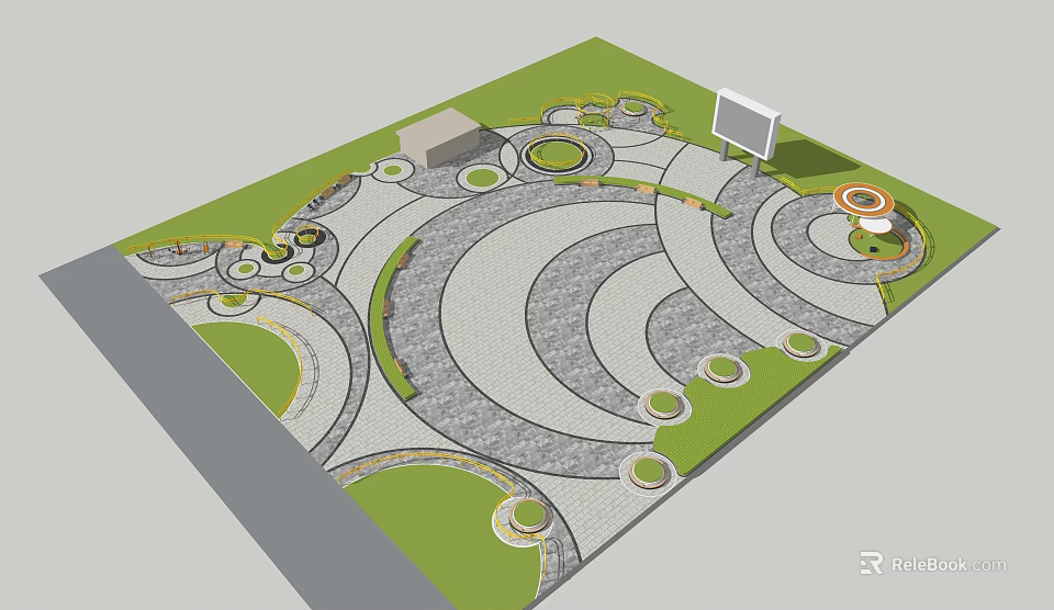 Outdoor Garden Paving Layout Featuring Circular Curved Paths Green Lawn Areas And Small Plant Beds 3d model 