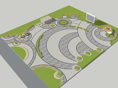 Outdoor Garden Paving Layout Featuring Circular Curved Paths Green Lawn Areas And Small Plant Beds 3d model