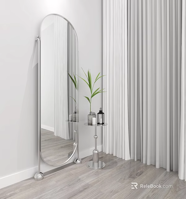 Full Length Mirror With Silver Frame Potted Plant And White Curtains In Modern Interior 3d model 