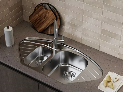 Stainless Steel Kitchen Sink With Faucet Wooden Cutting Board Paper Towel and Pears on Countertop 3d model