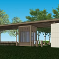 Modern Entrance Gate Design With Pergola Roof Green Lawn And Trees