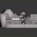 Traditional Architecture 3D Model With Sloped Roofs Pathway And Cherry Blossom Trees