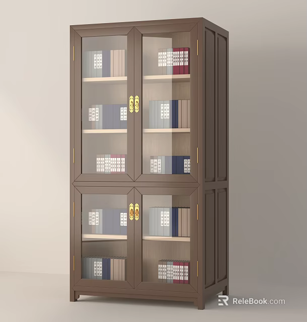 Elegant Dark Brown Wooden Bookcase With Glass Doors And Multiple Shelves Filled With Books 3d model 