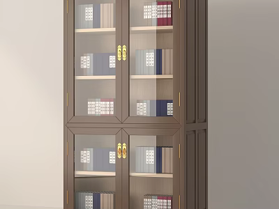 Elegant Dark Brown Wooden Bookcase With Glass Doors And Multiple Shelves Filled With Books 3d model