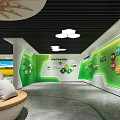 Interior Space With Large Yellow Field Screen Circular Ceiling Tree Decor White Seats Green Lines 3d model