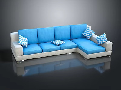 Blue and Beige Sectional Sofa with Geometric Patterned Cushions for Living Room 3d model