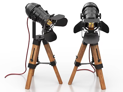 Vintage Table Lamps with Wooden Tripod Stands Adjustable Shades and Red Cords 3d model