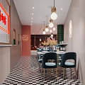 Elegant Pink Restaurant Interior With Round Pendant Lights Dining Tables And Black White Checkered Floor